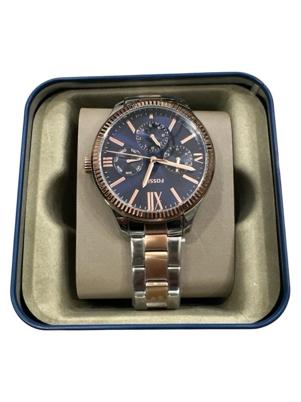 Fossil BQM7097 Men’s Two-Tone Stainless Quartz 42mm Day/Date 3ATM Box